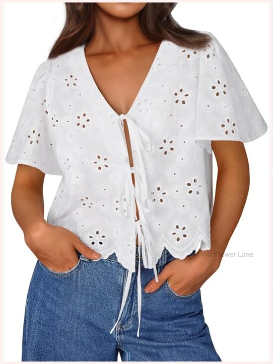 Tops - Eyelet Tie-Front Boho Blouse Sleeveless Crop Top Y2k